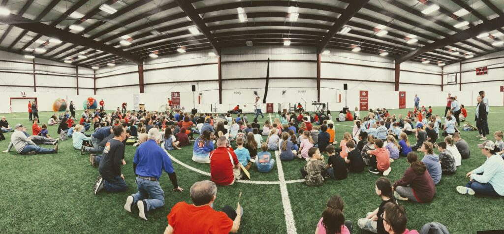 Hundreds of little kids hearing the Gospel at February Funtastic